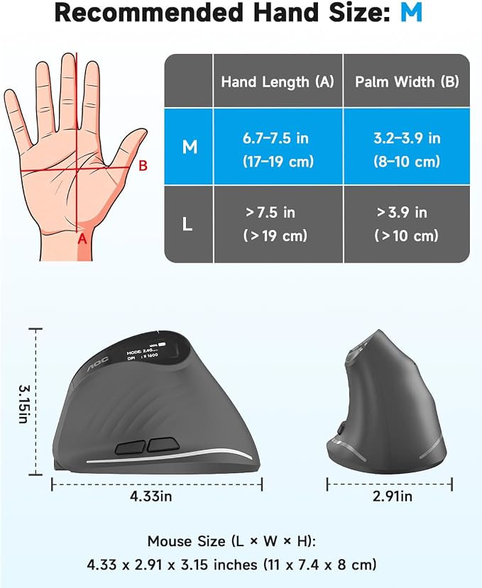 AOC 2.4GHz Ergonomic Mouse, Wireless Bluetooth Vertical Mouse for Work, 4800 DPI Optical Tracking, 5 Adjustable DPI, Quiet Clicks, RGB Light, Compatible with Computer, Laptop, PC, Mac, Desktop - Gray