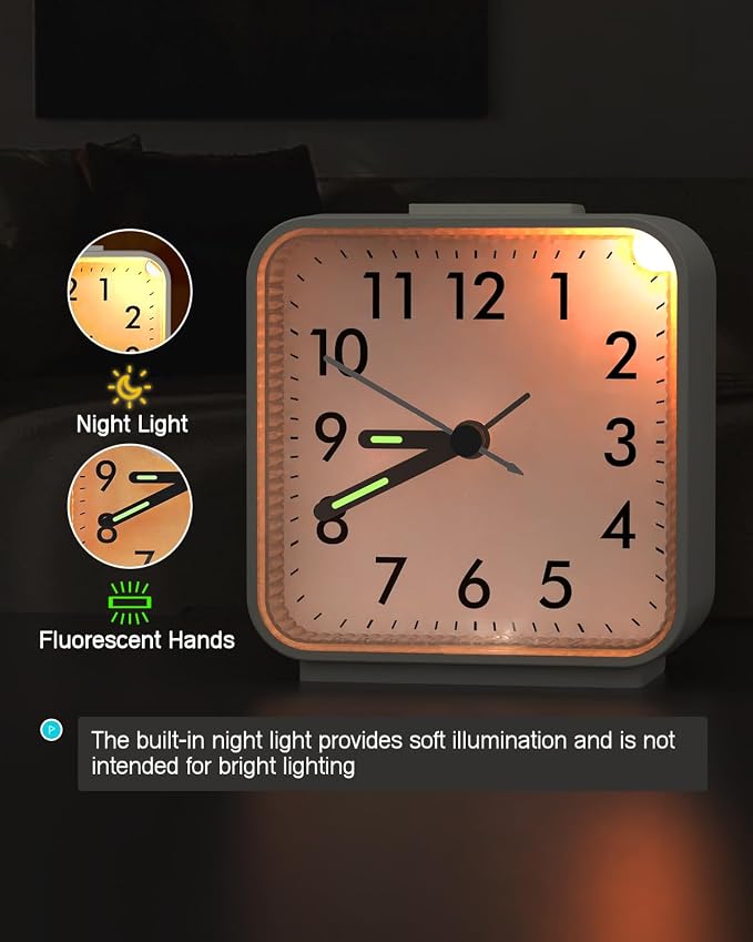 AMIR Analog Silent Non Ticking Small Clock, Travel Analog Alarm Clock | Snooze & Light, Ascending Beep Sounds, Battery Operated Loud Alarm Clock for Bedroom
