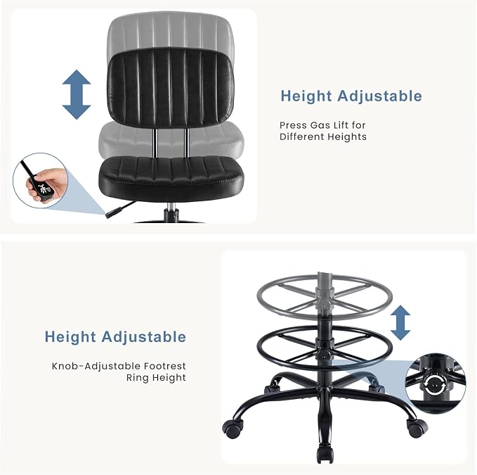 DUMOS Armless Drafting Chair, Low Back Office Seat with Adjustable Footrest Ring for Standing Desk, Ergonomic PU Leather Office Seating, Swivel Rolling High Stool for Studio, Lab, Counter, Black