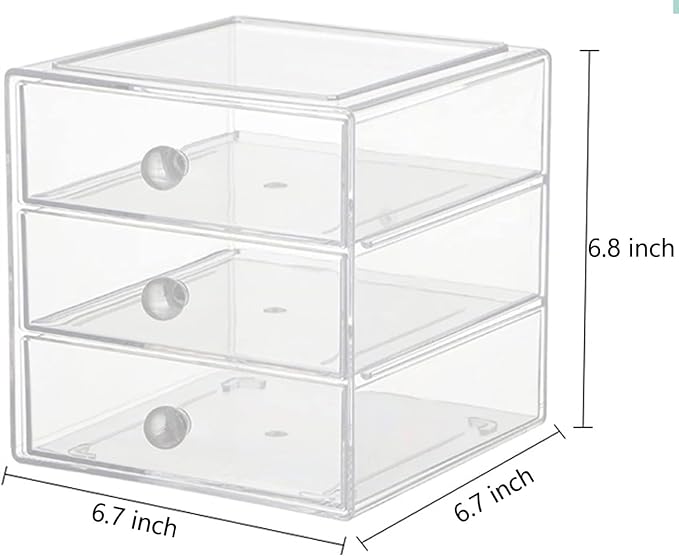 AJIODA Makeup Drawer Organizer Box with 3 Drawers, Acrylic Cosmetic Display Case Vanity Organizer Jewelry Storage Box Stackable Storage for Cosmetics, Skin Care, Bathroom, Countertop, Clear