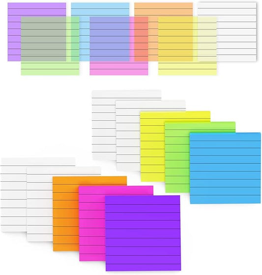 MIUTME Lined Sticky Notes Transparent, 7 Colors Bright Self Sticky Notes Clear Pad, Waterproof Translucent Memo with Line (3X3 inch, 500Pcs)