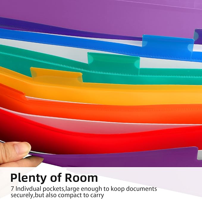Accordian File Organizer 7 Pocket Expanding File Folder with Labels, Plastic Expandable File Folder for Documents Letter Size A4 Papers - Purple
