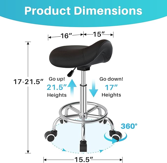 YEEZEE Saddle Stool Ergonomic, Saddle Chair with Wheels, Dark Black | Comfortable Wide Thick Saddle Seat Padding, 360°Swivel, Adjustable Height, Ring Pedal Design, for Medical Massage Salon Spa