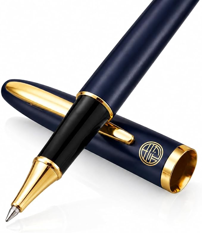 Luxury Gold Rollerball Pen, 24K gold-plated exquisite pen body, stylish and simple design, two ink refills, gift set for men and women, executive writing, office, graduation gift (Blue)