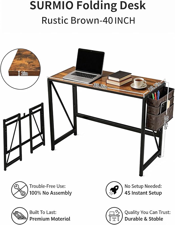 Modern Foldable Writing Computer Desk with Storage Bag, No-Assembly Study Office Desk for Small Spaces, Home Office, Rustic Brown, 39.4 inch