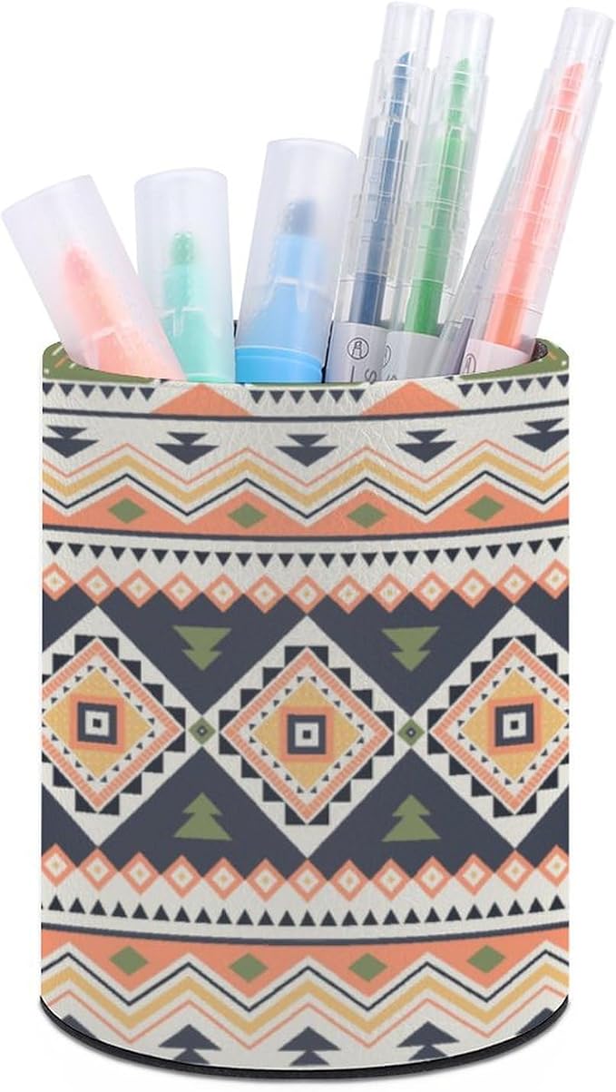 Tribal Western Aztec Pen Holder for Desk PU Pencil Cup Organizer | Round Desks Makeup Brush Holder for School Multifunctional Office Supplies