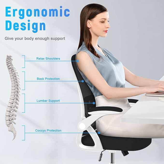 naspaluro Home Office Desk Chair Mid Back with Adjustable Height WhiteFrame | Comfy Ergonomic Chair with Flip-Up Arm and Lumbar Support, Breathable Mesh Swivel Computer Chair for Study Working Teacher