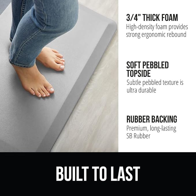 GORILLA GRIP Comfortable Cushioned Kitchen Mats for Floor, 48x20, Waterproof and Stain Resistant Soft Top, 3/4 Inch Thick Ergonomic Standing Desk Anti Fatigue Mat, Foam Supports Feet, Silver