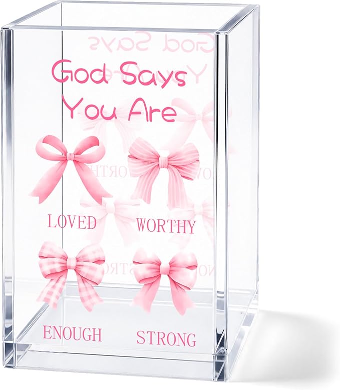 Pink Bow Acrylic Pen Holder Cup, Coquette Christian Desk Decor, Inspirational Bible Verse Pencil Holder, Cute Office Desk Organizer, Gift for Women Girls