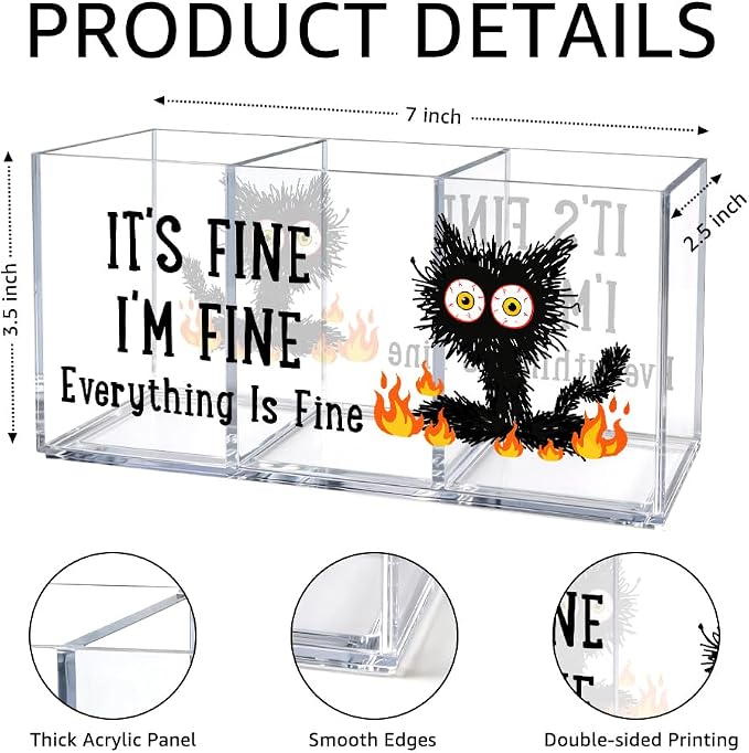 It's Fine 3 Compartment Acrylic Makeup Organizer & Pen Holder, Black Cat Cosmetic Storage Box for Lipstick Brushes Skincare, Desk Organizer for Office School Vanity, Office Gifts for Coworker