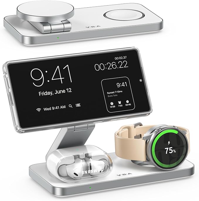 3 in 1 Foldable Magnetic Wireless Charging Station for Samsung, Wireless Charger Stand for Galaxy S26 Ultra S25/S24 /Note 20/Flip 7/Fold 7, for Galaxy Watch Ultra/8/7/6,Galaxy Buds 3/3 Pro