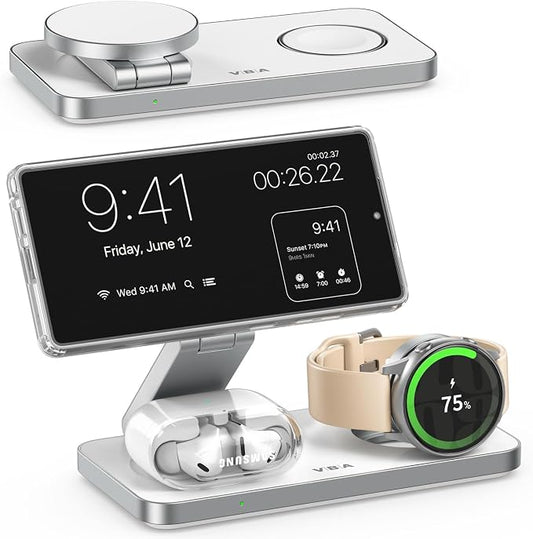 3 in 1 Foldable Magnetic Wireless Charging Station for Samsung, Wireless Charger Stand for Galaxy S26 Ultra S25/S24 /Note 20/Flip 7/Fold 7, for Galaxy Watch Ultra/8/7/6,Galaxy Buds 3/3 Pro