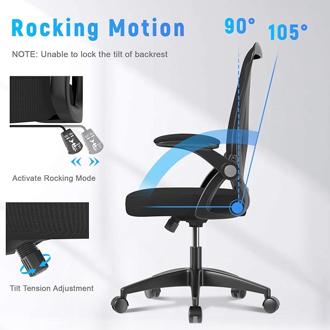 naspaluro Home Office Desk Chair Mid Back with Adjustable Height Dark Black | Comfy Ergonomic Chair with Flip-Up Arm and Lumbar Support, Breathable Mesh Swivel Computer Chair for Study Working Teacher