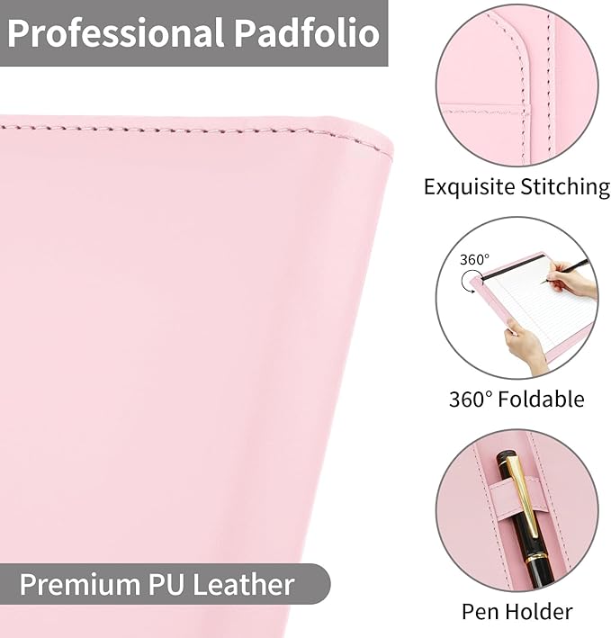 Professional Padfolio Portfolio Binder, Faux Leather Interview Resume Folder, Letter Size A4 Legal Writing Pad Holder, Document Organizer for Business School Office Conference (Pink)