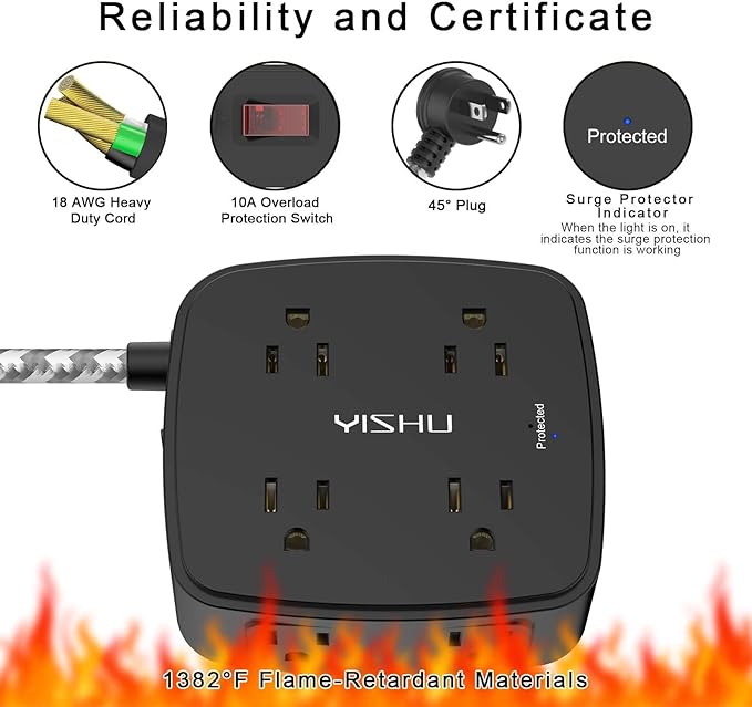 Surge Protector Power Strip - YISHU 8 Outlets with 4 USB (2 USB C) Charging Ports, 10Ft Braided Extension Cord, Flat Plug Multi Plug Outlet Extender Charging Station for Home Office, ETL, Black