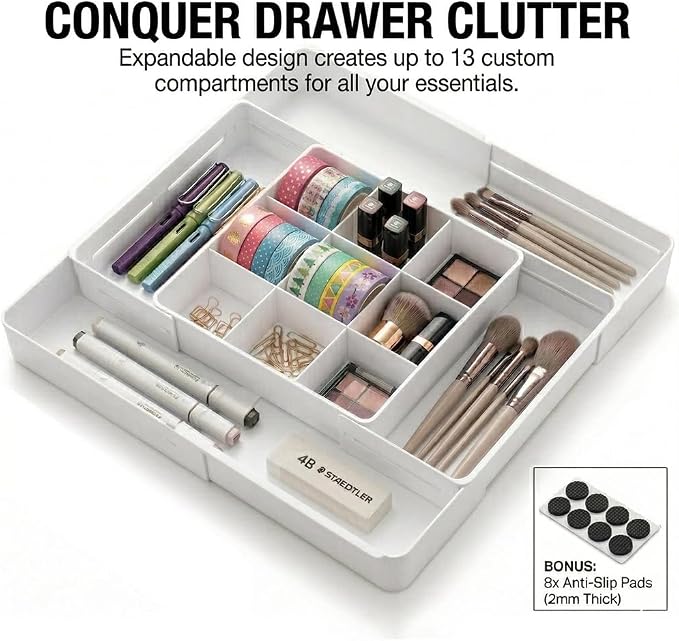 4-Way Expandable Drawer Organizer, 2.2" Low Profile Tray, White | Up to 13 compartments with 6 adjustable dividers & anti-slip pads. Ideal desk tray for office stationery & makeup vanity.