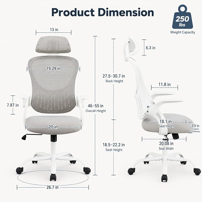 Grey Ergonomic Office Chair, High Back Mesh Desk Chair with Adjustable Headrest Lumbar Support, Computer Chairs with Flip-up Armrests and Thickened Cushion for Adults Home Office, 360° Swivel
