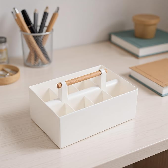 Buqoo Desk Organizer with 8 Compartments for Office Supplies | Plastic Makeup Organizer with Wooden Handle, Pen Holder for Desktop Storage, Desk Organization for Office Supplies (White)