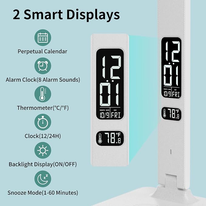 LED Desk Lamp for Home Office, USB Charging Port, Reading Lamp Desk Light with 5 Brightness, 3 Colors, Table Lamp with Clock, Alarm, Date, Temperature, Desk Lamp for College Dorm Room (White)