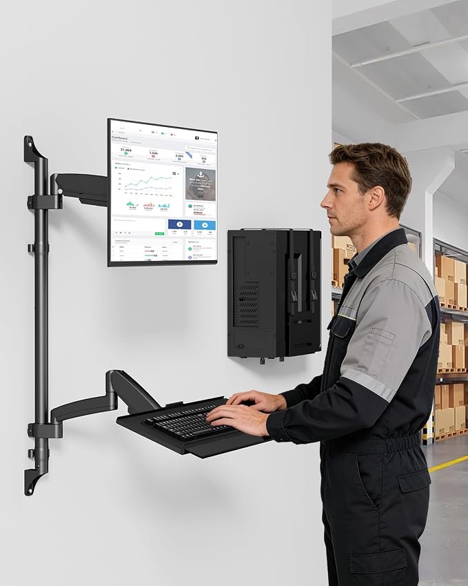 Wall Mount Sit Stand Workstation with Single Monitor Mount, Keyboard Tray and CPU Holder, Height Adjustable Full Motion Arms for 13-32 inch Screens, VESA 75x75, 100x100, Black