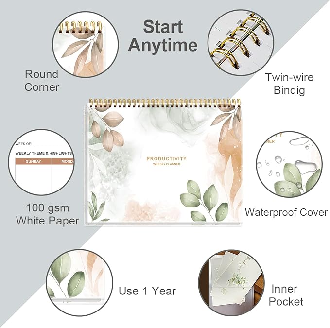 Weekly Productivity Planner - 8.5" x 11" Dashboard Desk Notepad Has 6 Focus Areas to List Tasks for Goals, Projects, Clients, Academic or Meal-Organize Your Daily Work Efficiently, 54 Weeks, Rose Leaf