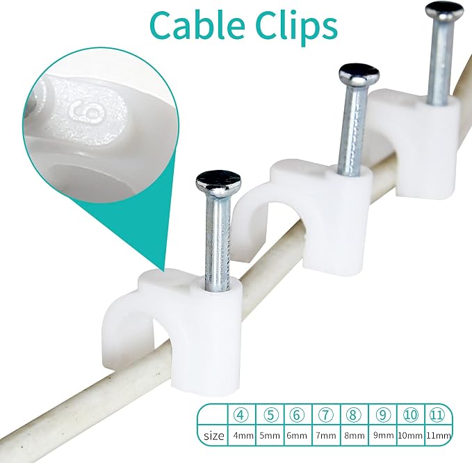 Bonsicoky 100Pcs Nail Cable Clips with Steel Nail, 6mm White Cable Wire Management Clips for Ethernet Cable, Telephone Cable, TV Wire Cable, Print Cable