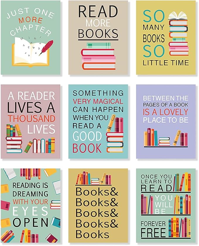 CHDITB Unframed Colorful Art Print Motivational Quote Read More Books Wall Art Painting,Set of 9 (8"x10") Canvas Watercolor Cartoon Inspirational Saying Poster for Classroom Kids Room Nursery Decor