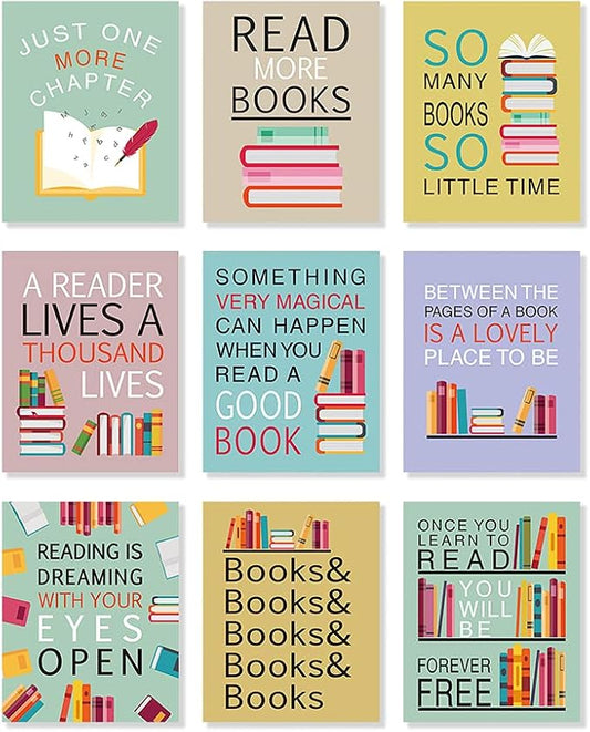 CHDITB Unframed Colorful Art Print Motivational Quote Read More Books Wall Art Painting,Set of 9 (8"x10") Canvas Watercolor Cartoon Inspirational Saying Poster for Classroom Kids Room Nursery Decor