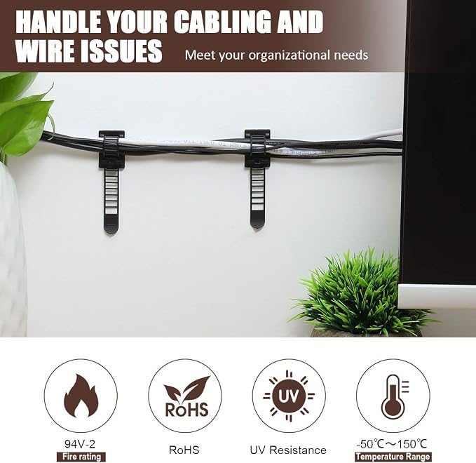 100Pcs Adhesive Cable Management Clips with 50Pcs Zip Ties, Adjustable Nylon Cable Strap Ties Wire Clips Clamps Organizer, Extra Screw & Hole - 3.35 Inch Black