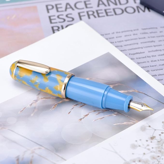 Lanxivi Majohn Q1 Fountain Pen Fine Nib Sky Blue Acrylic, Little Fat Man Eyedropper Filling Pocket Pen Large Capacity