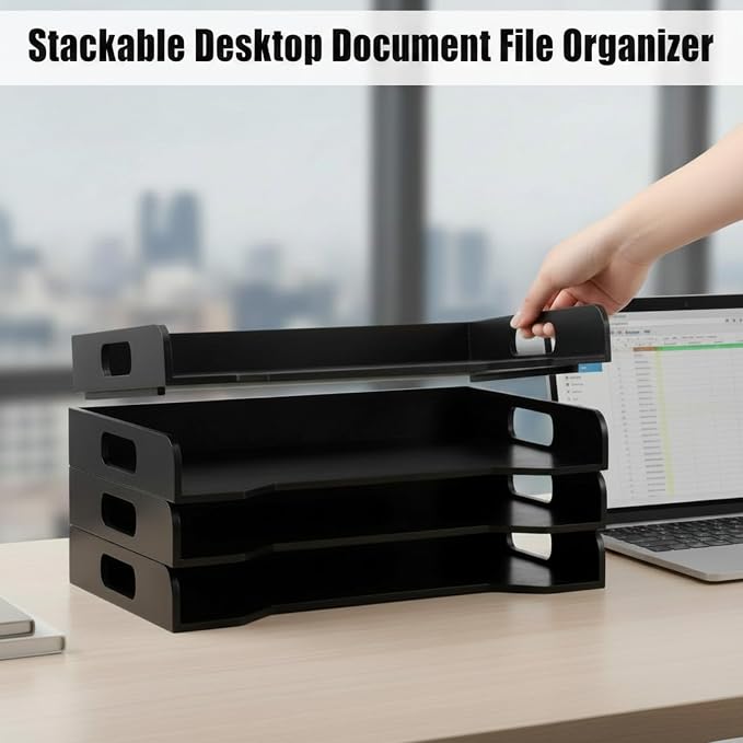 Wooden Stackable Paper Trays 4-tier Wooden Paper Organizer for Desk Letter Documents Woodens Desktop File Organizers for Desktop File Holder and Office Supplies Rack for Home Office Use (Black)