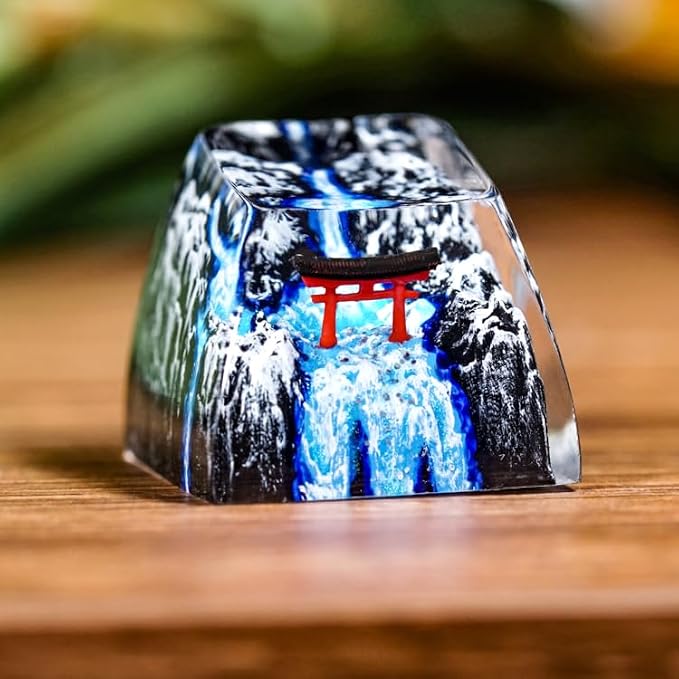 Red Torii Gate Artisan Keycap Winter Waterfall - 1U ESC, R1 SA Profile Custom Handmade Resin Cherry MX Switch Key Cap Mechanical Keyboard, Cool Tech Gifts for Men, Dad, Father, Gamer, Japan Lover
