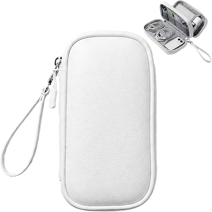 Leather Electronic Organizer Bag, Waterproof Travel Tech Pouch for Cord, Cable, Charger, Phone & Accessories (White)