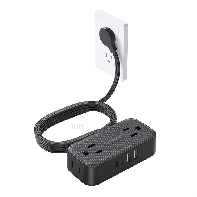 TROND Flat Plug Power Strip 10FT, Small Flat Extension Cord with Multiple Outlets, 4 AC and 4 USB Ports (2 USB C), Wall Mount 900J Surge Protector for Home Office Travel Dorm Room Essentials, Black