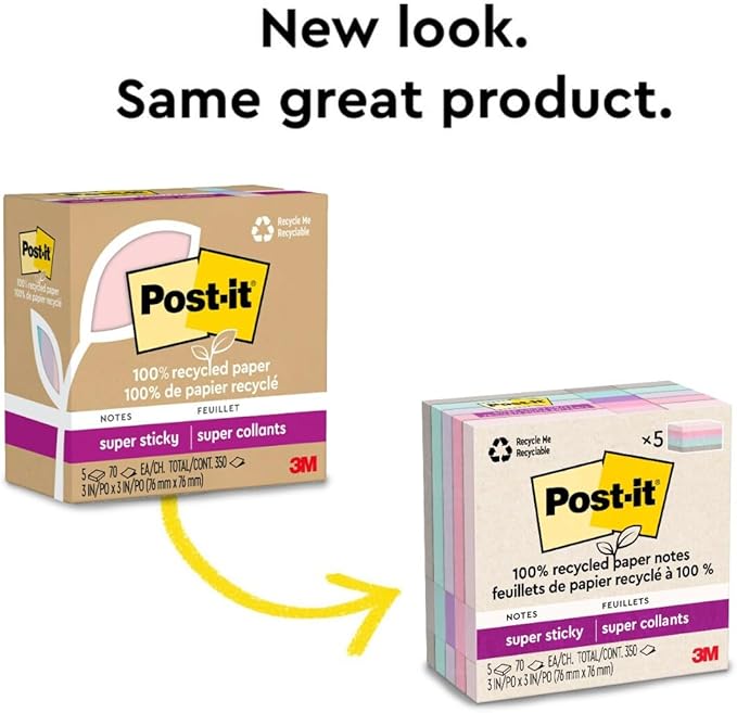 Post-it 100% Recycled Paper Super Sticky Notes, 3 in. x 3 in., 5 Pads, 70 Sheets per Pad, Wanderlust Pastels, New Year Organization or Second Semester School Supplies