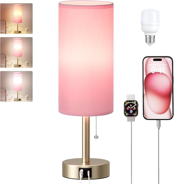 Dicoool Pink Bedside Table Lamp for Bedroom, Small Nightstand Lamp for Girls, 3 Color Temperatures & USB Charging Port, Cute Desk Lamp for Kids Teens Room Decor, Dorm Room Essentials