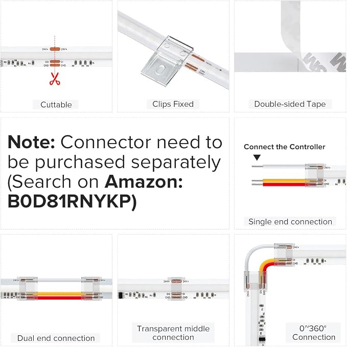 BTF-LIGHTING WS2811 Smart IC RGB FCOB COB LED Strip, UL Listed 630LEDs/m High Density Color Chasing Uniform Light, DC24V 24FT 10mm Width Tape Light for Home Party DIY Decor(No Adapter or Controller)