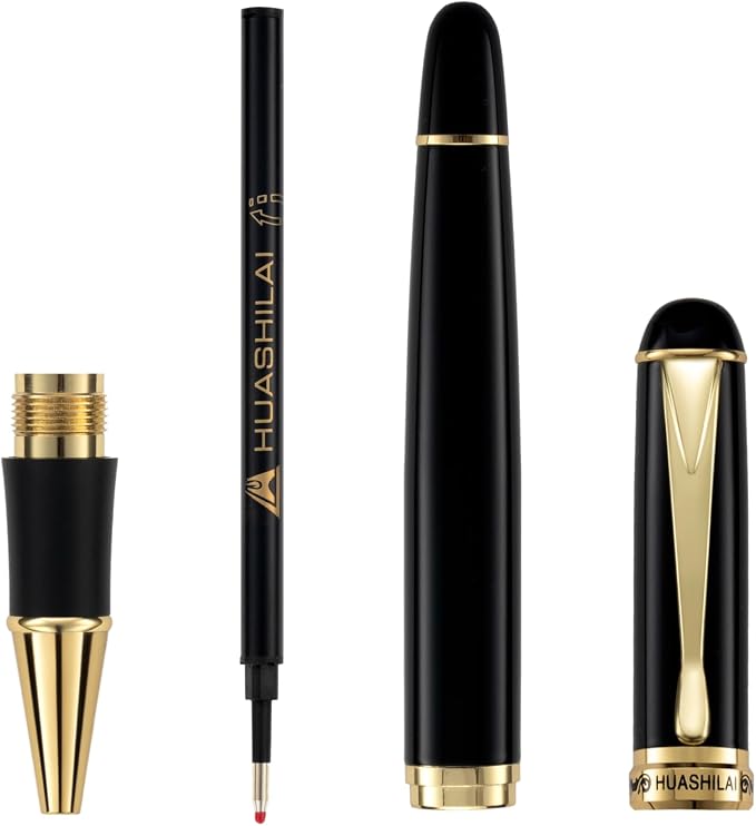 Luxury Metal Rollerball Pen Set – Stainless Steel Barrel, Cool Fine Point Pen with Gift Box & 2 Extra Refills – Premium Business & Signature Pens for Men & Women (Black)