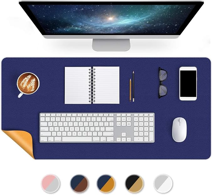 Office Desk Mats Pad Table Protector 16 X 32 Inch PU Leather Desk Blotters on Top of Desks Computer Laptop Keyboard Mouse Pad Organizer Double Side Desktop Cover Writing Mat for Girl Kids Blue/Yellow
