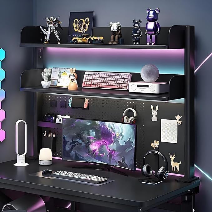 CHSSIH Clamp On Desk Pegboard Shelf - Metal Desktop Organizer Hutch with 2 Shelves for Storage and Display, Desk Add-On Shelf for Office, Dorm, or Computer Monitor Stand, Black (39.3")