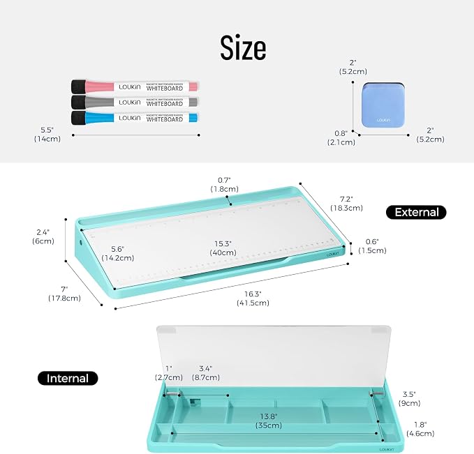 LOUKIN Glass Desktop Whiteboard, 15.3" x 5.6" Dry Erase Desk Board with Dotted and Graduated Surface, Desktop Buddy, Great for Design and Drawing, 3 Markers and 1 Dry Erase Eraser Included (Sky Blue)