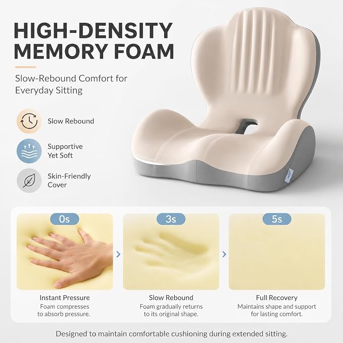 Saker Ergonomic Memory Foam Seat Cushion with Back Support, 2-in-1 Coccyx Cutout Chair Pad for Office, Car, Gaming Chair and Wheelchair, Contoured Lumbar Support for Long Sitting，Pink