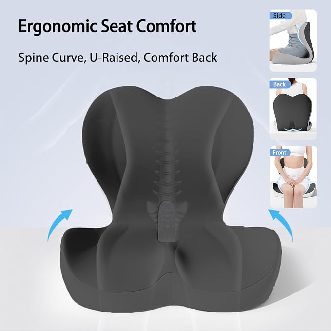 Back and Seat Cushion for Office, Back & Tailbone Pain Relief, Raised Cushion for Lumbar and Butt, Double-Sided Anti-Slip, Improves Sitting Posture, Ergonomic Memory Foam Lumbar Cushion (Dark Gray)