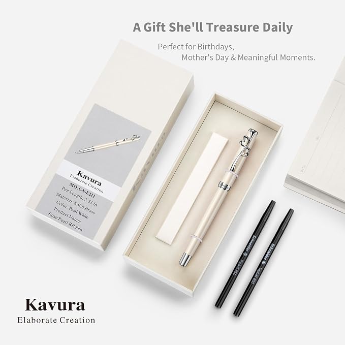 Heart & Pearl Rollerball Pen – Luxury Brass Pen Gift Set for Women, Jewelry-Inspired Design, Glossy Finish, with German Refill, Meaningful Gift for Her, Mother’s Day or Birthday (Pearl White)