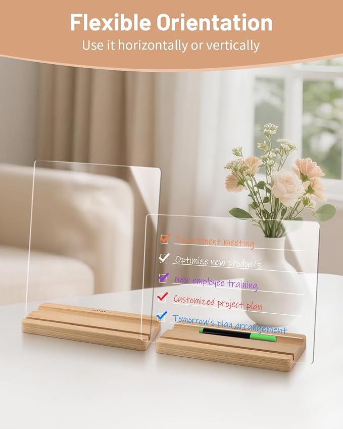 Clear Acrylic Dry Erase Board with Wood Stand – 9x12 Desktop Whiteboard for Writing, Drawing & Planning – Includes 6 Liquid Chalk Markers – Transparent Message Board for Home, Office, School