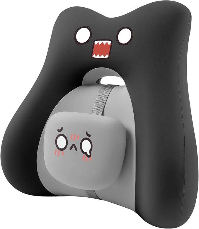 BEBAS Lumbar Support Pillow for Car & Office Chair - Ergonomic Back Support Cushion with Adjustable Memory Foam Bolster, Cute Cartoon Design, Lower Back Pain Relief for Driving & Desk Work - Black
