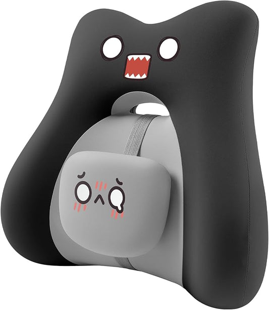BEBAS Lumbar Support Pillow for Car & Office Chair - Ergonomic Back Support Cushion with Adjustable Memory Foam Bolster, Cute Cartoon Design, Lower Back Pain Relief for Driving & Desk Work - Black