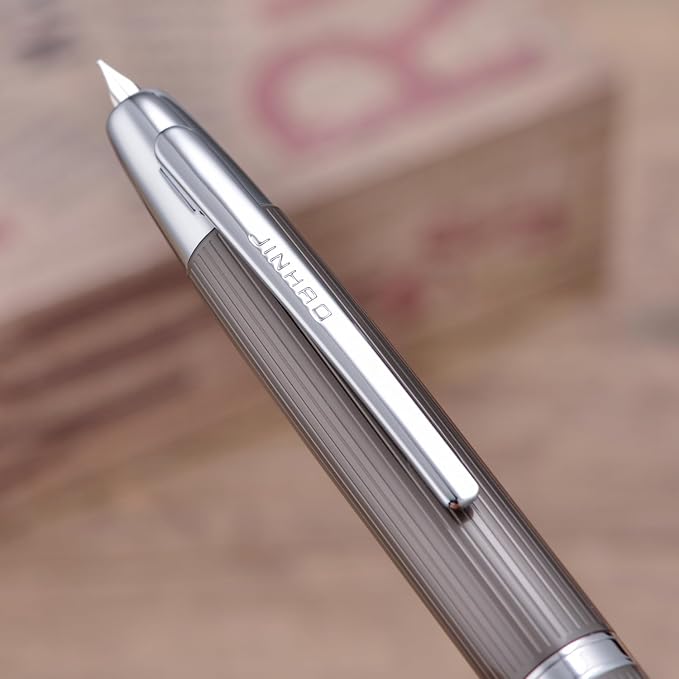 Jinhao 10 Press Fountain Pen with Box, Brushed Matt Gray Retractable Medium Nib with Ink Converter Set (Silver Clip)