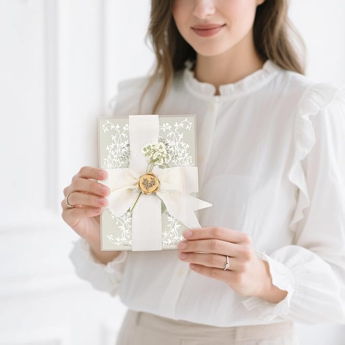 Wedding Invitation Accessories Kit, Pre-Folded Vellum Jackets for 5×7 Invitations with Wax Seal Stickers, Ribbon & Dried Flowers, Elegant Wedding Invitation Accessories for DIY Bridal Invites (White Vines, 50)