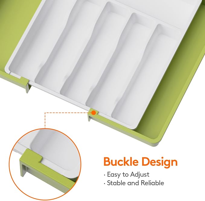 Lifewit Silverware Drawer Organizer, Expandable Utensil Tray for Kitchen, BPA Free Flatware and Cutlery Holder, Adjustable Plastic Storage for Spoons Forks Knives, 13-22 x 15", Green&White